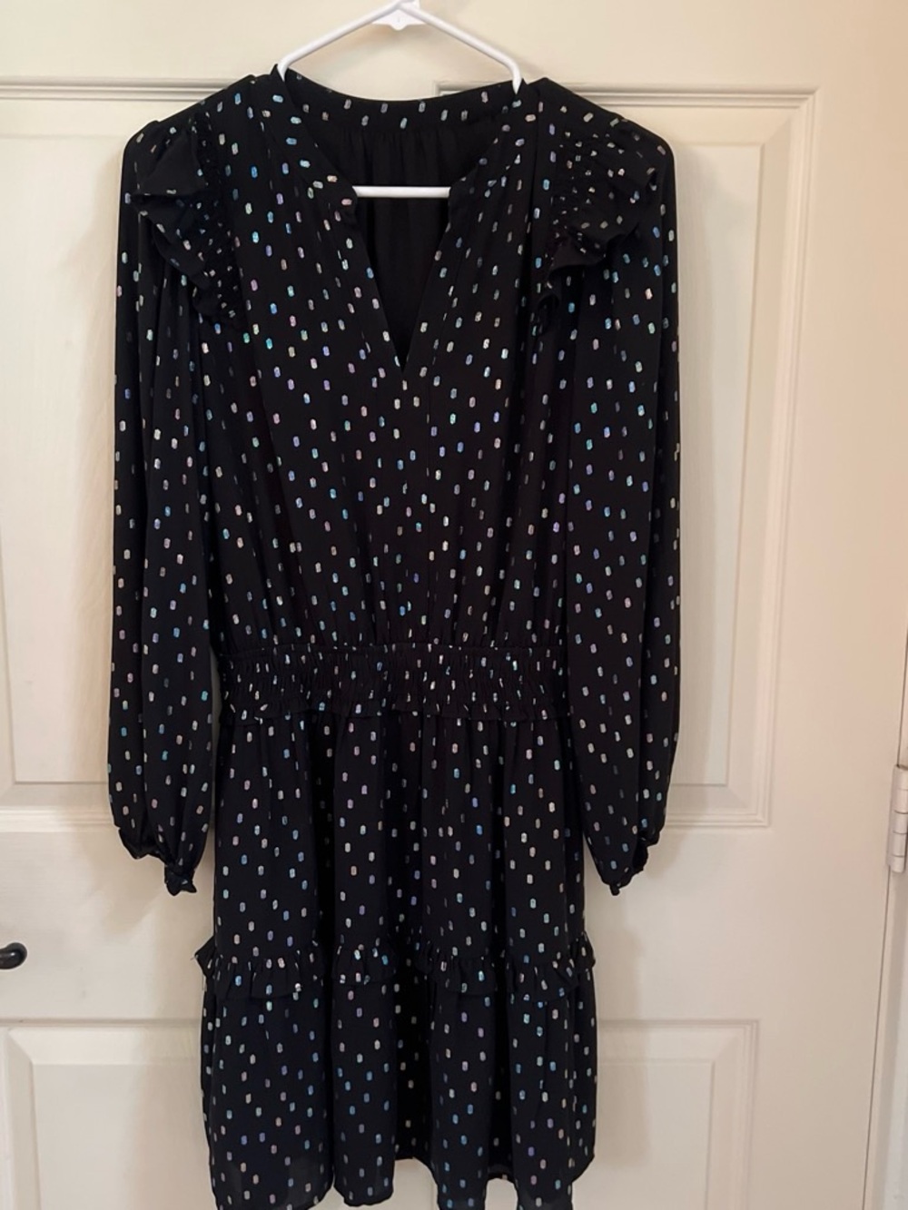Black Long Sleeve Ruffle Tiered Dress with Blue & White Dot Print